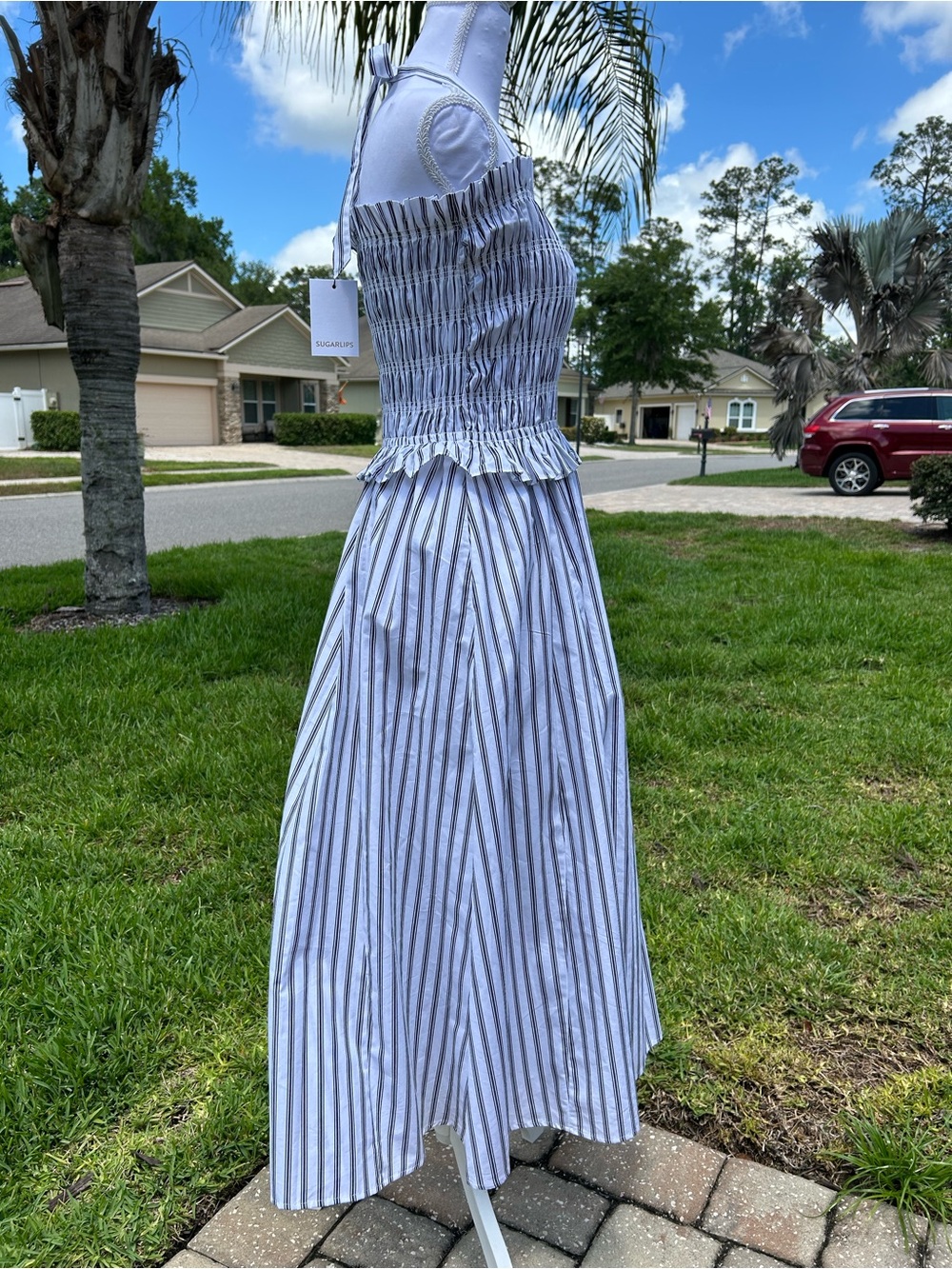 NWTš·Sugarlips Striped Halter Square Neck Sleeveless Smocked Poplin Midi Dress - Picture 10 of 15